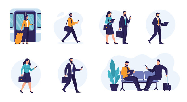 Collection of business professional characters in various commuting situations including boarding trains walking and waiting in lounges.