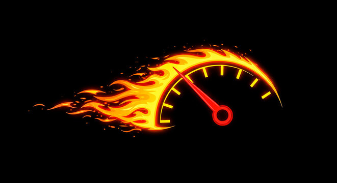 Fiery speedometer icon showing maximum speed and performance on a black background.