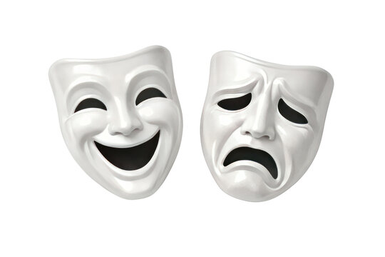 White comedy and tragedy masks, classic theatrical drama props, expressive stage symbols for performance and art isolated PNG with Transparent Background
