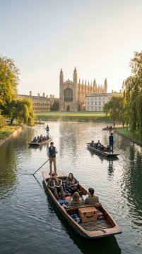 Punting on River Cam with King's College Chapel in Cambridge, England