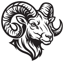 Fototapeta premium A black and white illustration of a rams head with large curved horns profile view