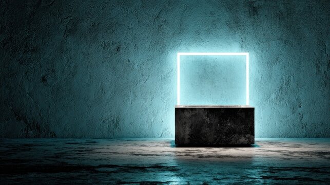 Illuminated square frame glows above a rough concrete pedestal in a dimly lit interior