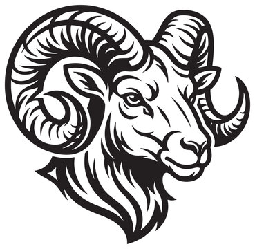A black and white illustration of a rams head with large curved horns profile view