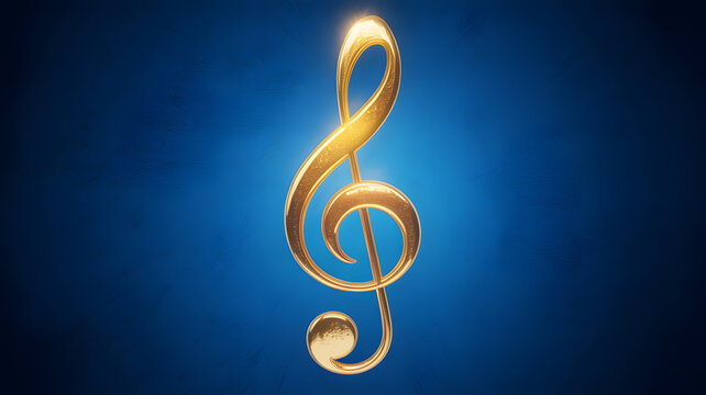 A golden treble clef symbol rendered with a metallic, polished surface, centered against a deep blue, textured gradient background