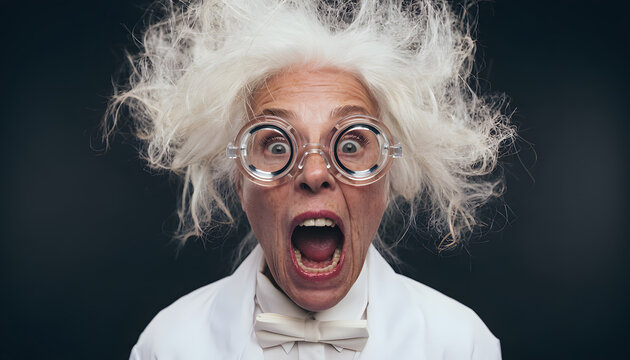 A funny mad female scientist with messy white hair and thick round glasses looking shocked with her mouth wide open, creative concept of a sudden discovery or failed lab experiment