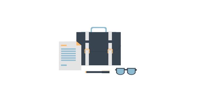 Business briefcase and documents with glasses and pen set against white background