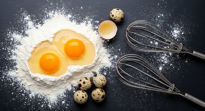 Baking ingredients with flour eggs and whisks on dark background