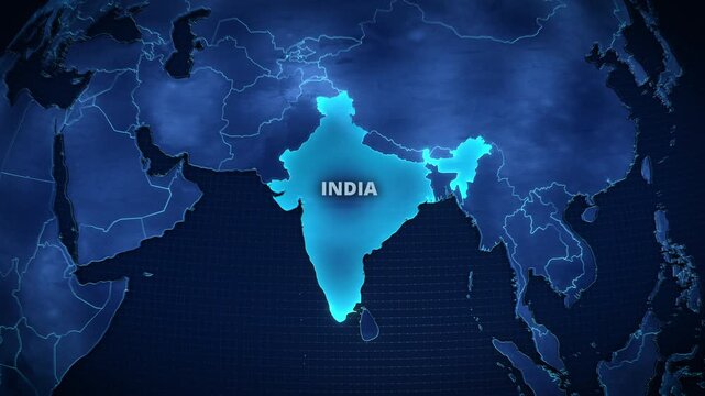 Geospatial intelligence visualization of India featuring extruded topography, coordinate graticules, and rasterized monitor scanlines for macroeconomic nearshoring and FDI presentations.
