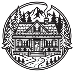 Fototapeta premium Wooden house with a mountain and trees in a circular frame