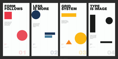 Modern minimalist graphic design poster series featuring geometric shapes and typography © Ustocker