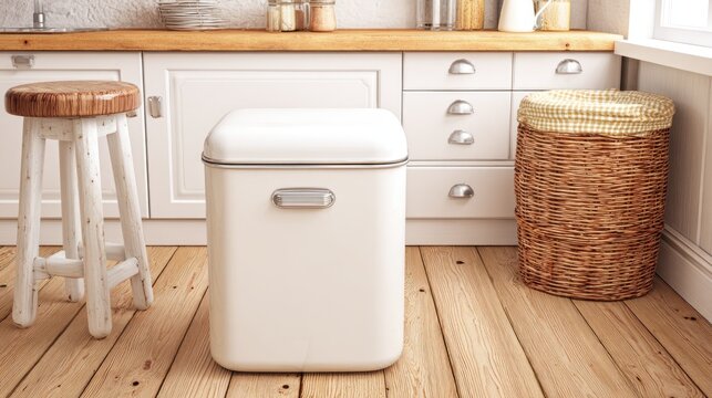 Rustic kitchen accessories including a wooden stool, white container, and wicker hamper rest on natural wood flooring.