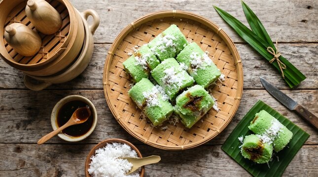 An appetizing flat lay shot of sweet Indonesian kue putu bambu green rice cakes on a woven bamboo tray, served with liquid palm sugar syrup, fresh grated coconut, and pandan leaves.