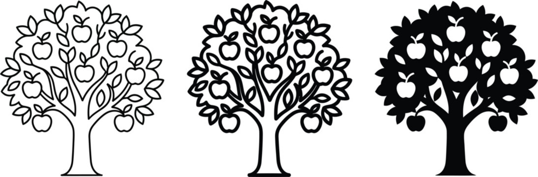 Tree icons, black and white apple trees, vector illustrations, graphic design elements