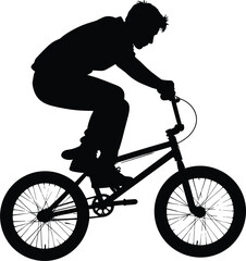 Naklejka premium Silhouette of BMX rider performing jump trick on bicycle showing balance, motion, energy, and extreme sport lifestyle against clean white background