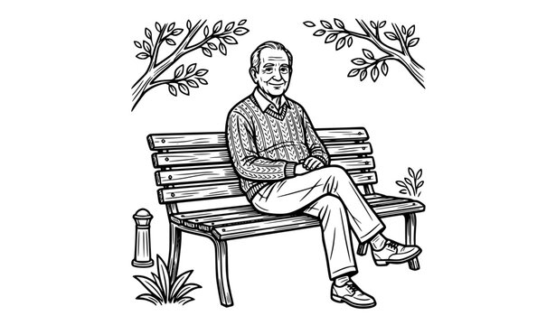 Happy Retired Elderly Man Sitting on Park Bench Vector Sketch Illustration for Insurance Concept