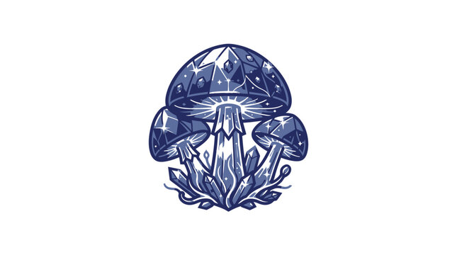 Mystical Blue Crystal Mushrooms Glowing With Light.