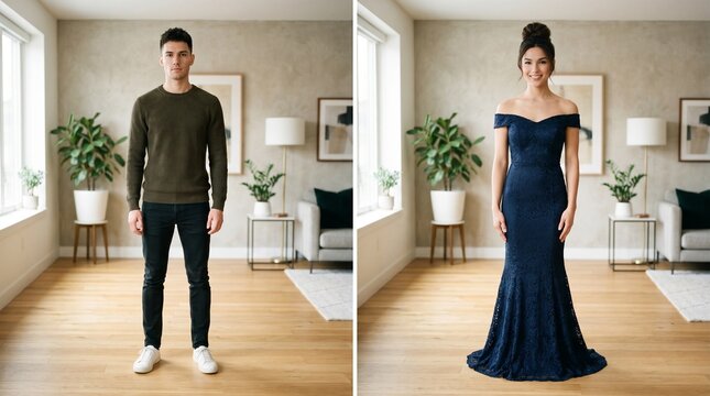 side-by-side photography of a male-to-female crossdressing transformation. Left: A  man with no facial hair Right: the man is wearing women's dress with female wig and makeup
