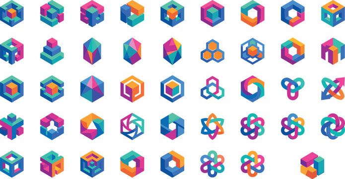 Professional set of colorful 3D geometric icons and logos featuring isometric cubes hexagons and abstract shapes for modern branding