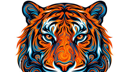 Obraz premium Vibrant orange tiger head with swirling patterns stares directly forward in illustration