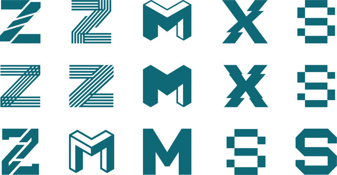 Teal letter logo collection featuring Z M X and S in isometric pixelated linear and bold geometric design styles
