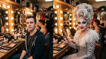Fototapeta premium side-by-side of a Drag Queen backstage transformation backstage area. Left side is an Caucasian man smiling. Right side the man is transformed into a Drag Queen makeup, a stylized drag queen 