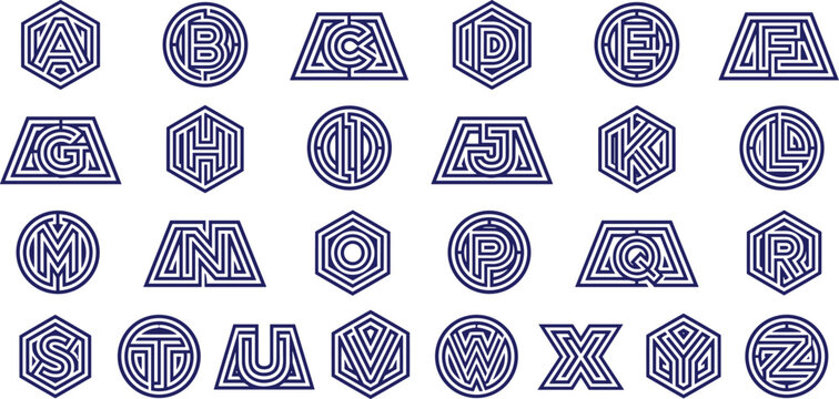 Maze style alphabet font set with letters A to Z inside geometric circle hexagon and trapezoid shaped frames