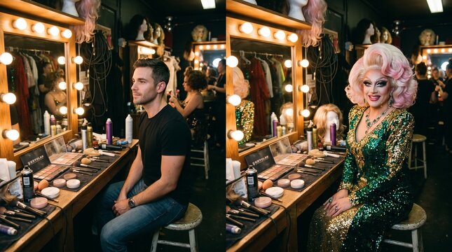 side-by-side of a Drag Queen backstage transformation backstage area. Left side is an Caucasian man smiling. Right side the man is transformed into a Drag Queen makeup, a stylized drag queen 