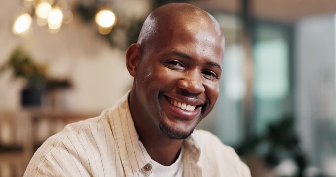 Smile, relax and face of black man in home with confidence for break, holiday or weekend with calm. Happy, positive attitude and portrait of African male person with pride for vacation at apartment.