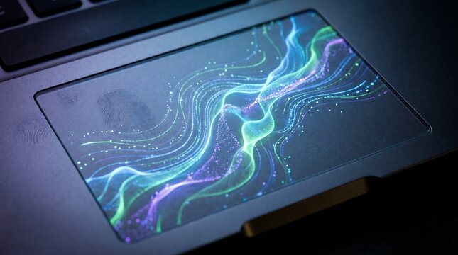 Close-up of a laptop touchpad displaying abstract digital waves and particles