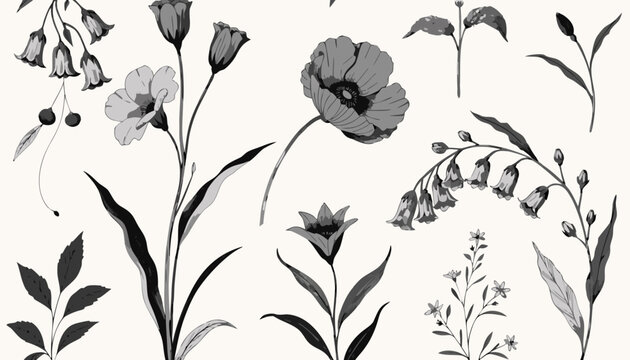 Seamless Black and White Floral Pattern Background with Flowers and Leaves Vect