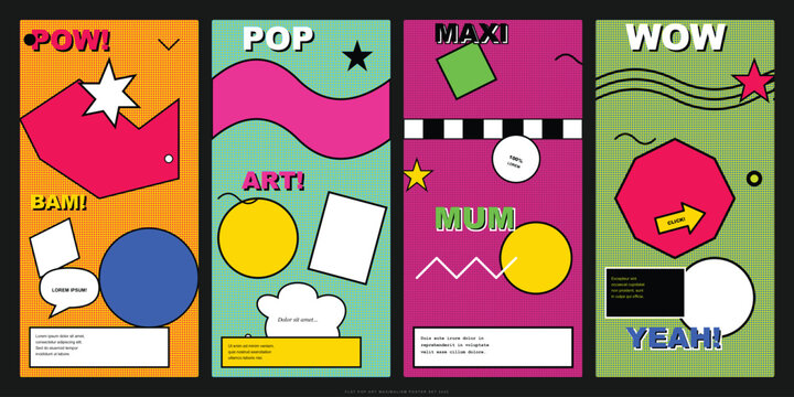 Set of four pop art style vertical banners with geometric shapes, comic book elements, and halftone patterns