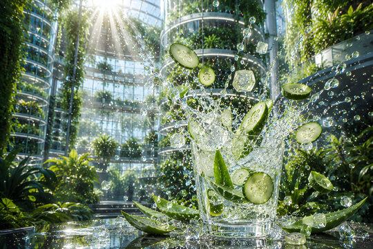 Futuristic biophilic vertical garden glass tower with splashing sparkling aloe vera and cucumber elixir