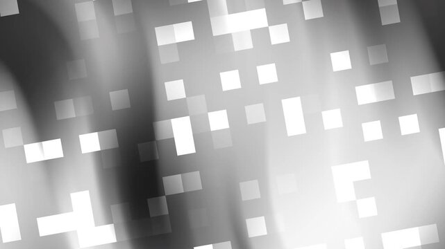 Abstract black and white background pattern with bright white square light shapes on a dark gray gradient. Suitable for modern design projects.