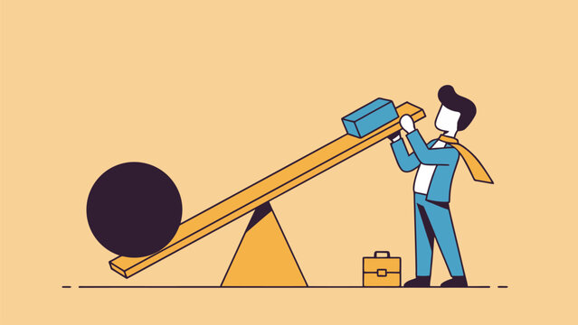 Flat Line Vector Illustration of Businessman Using Seesaw Leverage to Lift Heavy Weight, Problem Solving Concept