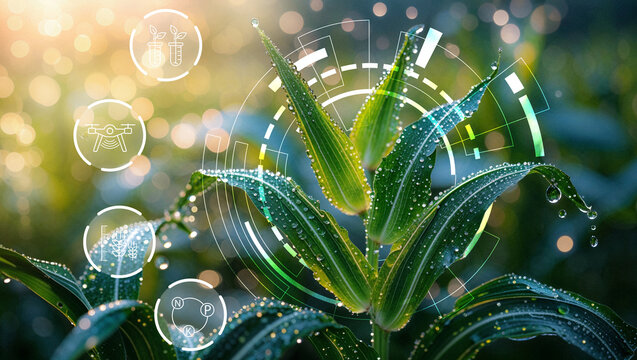 Smart farm with technology and water droplets on plant leaves during sunlight hours