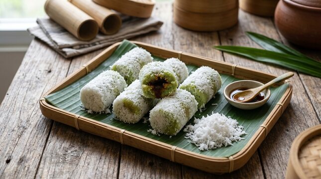An appetizing close-up shot of sweet Indonesian kue putu ayu steamed green rice cakes coated in shredded coconut with a melted sugar core, served on a banana leaf lined bamboo tray.