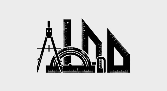 Architectural Drawing Tools: Compass, Rulers, Set Squares, Protractor on White Background