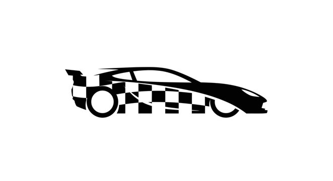 Black sports car silhouette with checkered flag pattern, racing icon