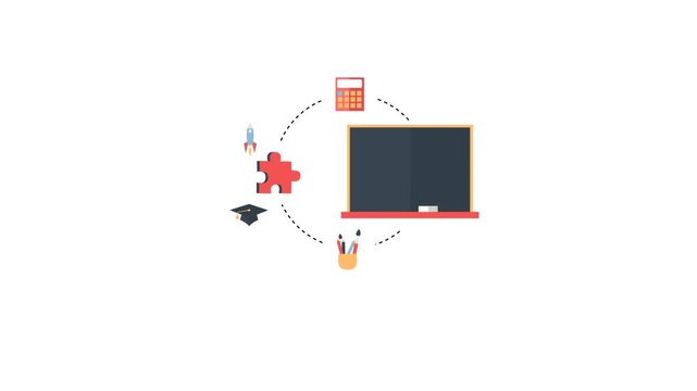 Educational concepts and classroom tools symbolically presented with flat design illustration on white background