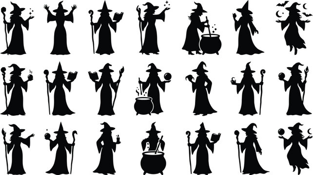 Set of witches in magical poses with cauldrons