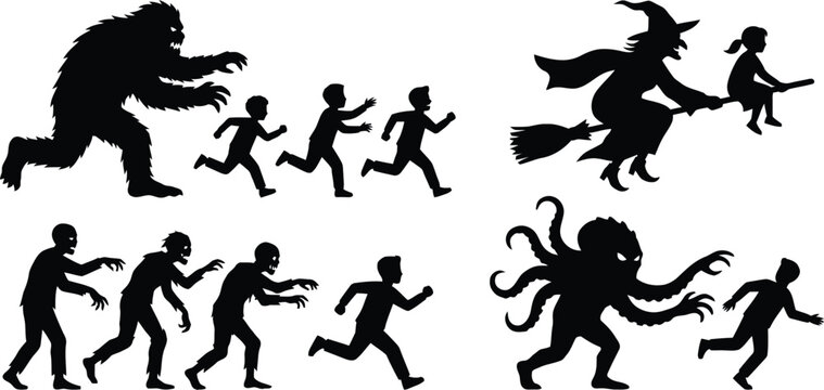 Children running from spooky monsters and witches