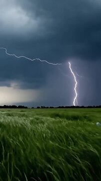 Lightning bolt over green field under dark stormy sky