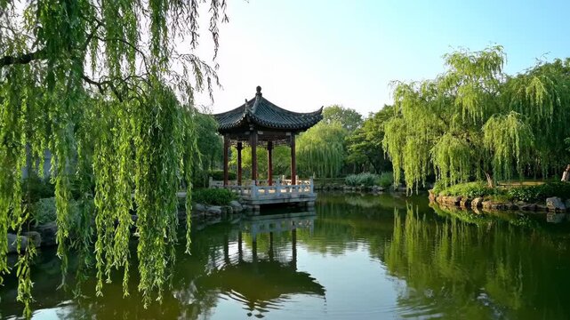Weeping willows by the lake surround the Chinese pavilion landscape, and the spring scenery of Jiangnan gardens