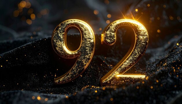 Golden number ninety-two on black background.