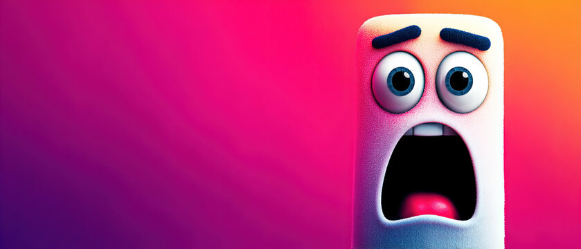 3D cartoon character with shocked expression on a vibrant pink and orange gradient background, ideal for creative and emotional concepts.