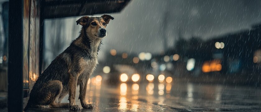 Lonely wet dog sits under shelter at night, city lights and rain creating a dramatic and emotional urban scene.