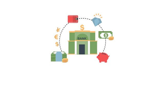 Illustration of finance and banking concept with wallet bank building and various financial elements shown