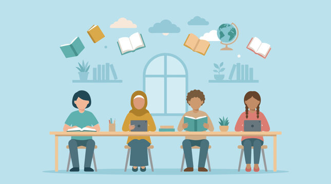 Diverse Students Learning Together flat illustration of children reading books and using tablets in a creative classroom ideal for educational websites and e-learning platforms.