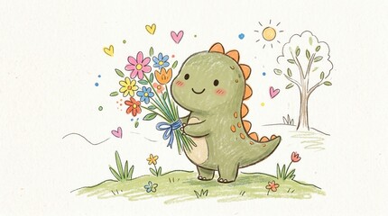 Fototapeta premium Cute green dinosaur holds a colorful flower bouquet on a grassy hill during a sunny day