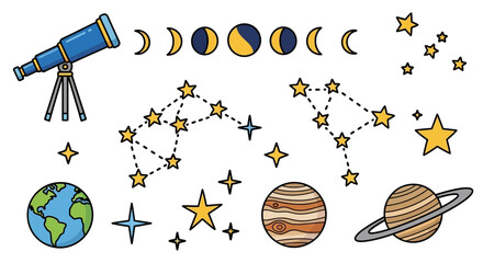 Astronomy vector icons set with telescope, planets and stars © IFFA